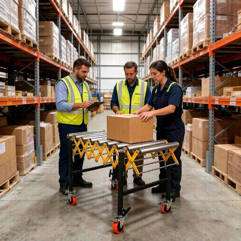 Stainless Steel Expandable Roller Conveyor Packs Hella Tough 900 Pound Load Capacity Adjustable Height in a warehouse with workers.