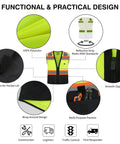 Heavy Duty Class 2 High Visibility Reflective Safety Vest With Zip Front And Five Pockets ANSI Certified, showcasing pocket details and reflective strips.