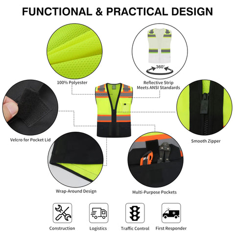 Heavy Duty Class 2 High Visibility Reflective Safety Vest With Zip Front And Five Pockets ANSI Certified, showcasing pocket details and reflective strips.