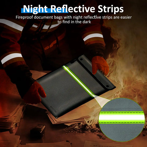 Upgraded Fireproof Document Bag With Waterproof Zipper Mega 15x11 Inch Capacity, night reflective strip visible by fire