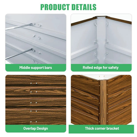 Two Pack 4x2x2 Ft Raised Garden Beds Outdoor Galvanized Planter Boxes with details on middle support bars and brown finish