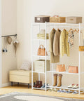The Go To Portable Wardrobe Closet And Clothes Rack With Four Tier Shelves For Folded Fits And Bags Plus A Double Layer Shoe Rack That Holds Fourteen Pairs and coats on steel frame.