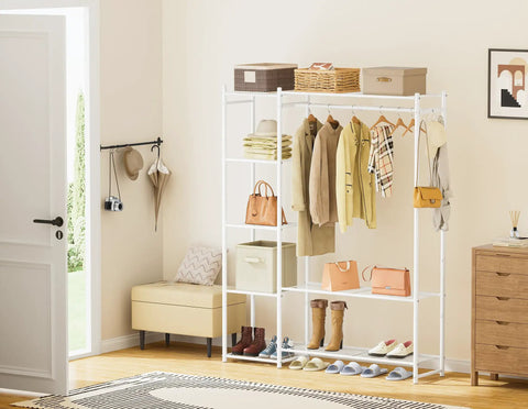 The Go To Portable Wardrobe Closet And Clothes Rack With Four Tier Shelves For Folded Fits And Bags Plus A Double Layer Shoe Rack That Holds Fourteen Pairs and coats on steel frame.