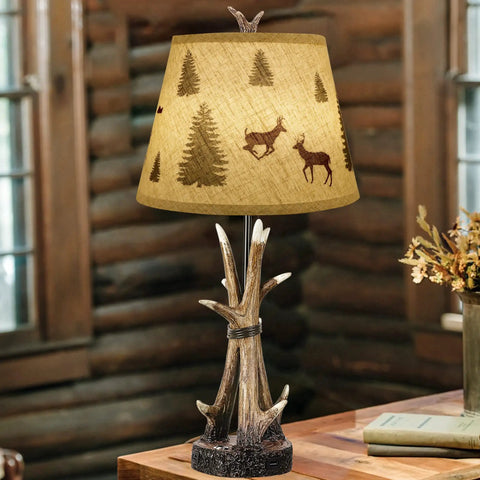Deer Antler Table Lamps Set Of 2 3 Way Dimmable Touch Bedside Lamps For Living Room Rustic Cabin Style with forest pattern shade