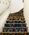 Midnight Blue Meadow Floral Peel And Stick Wallpaper on stairs, removable vinyl with matte finish, wildflowers design, easy install