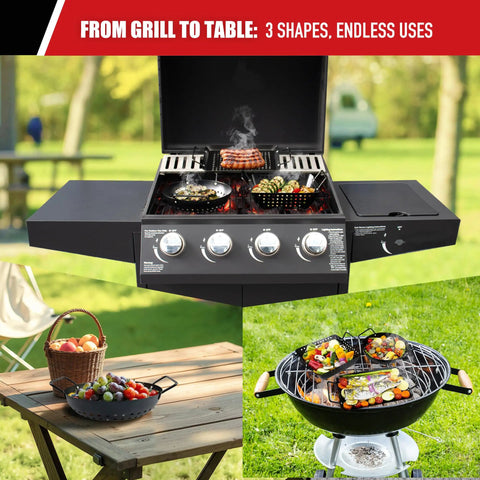 Small Nonstick 3 Piece Grill Basket Set For Vegetables Seafood And Meat Perfect For Grillin And Chillin BBQ On Charcoal Gas And Outdoor Grills Perforated Heavy Duty Grill Pan Easy To Clean Toss And Go in use on an outdoor gas grill.