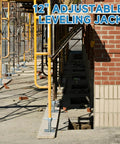 Heavy Duty 4 Pack Adjustable 12 Inch Scaffold Leveling Jacks Rock Solid Galvanized Steel Construction in use on job site.