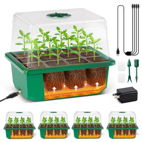 4 Pack Seed Starter Tray with Self Heating and Humidity Control Domes for Indoor Gardening Thermostatic Seed Kit