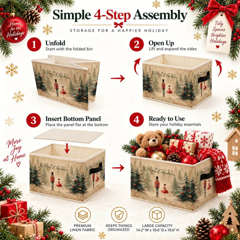 Cheer Up Your Spaces With This Merry Christmas Nutcracker Collapsible Storage Bin Foldable Box in 4-step assembly guide.