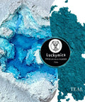 Top Shelf Teal Mica Powder For Epoxy Resin And Nail Polish Dope Pearlescent Pigment For Soap Candle DIY Crafts Fresh Sleek Finish Safe Cosmetic Grade Art Supply Pack displayed with glossy teal resin.