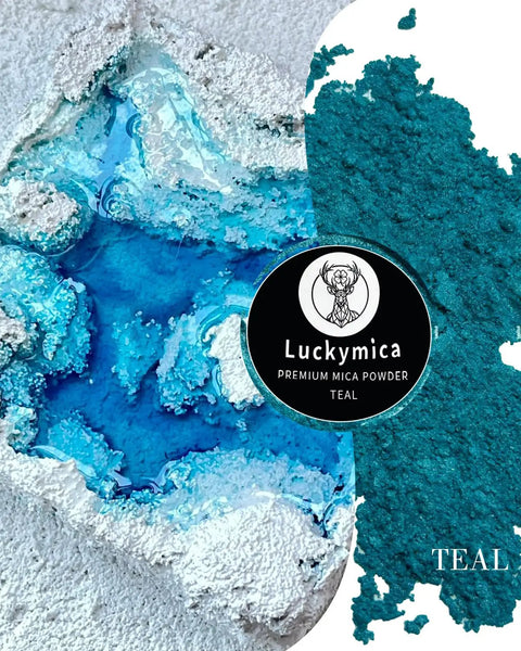 Top Shelf Teal Mica Powder For Epoxy Resin And Nail Polish Dope Pearlescent Pigment For Soap Candle DIY Crafts Fresh Sleek Finish Safe Cosmetic Grade Art Supply Pack displayed with glossy teal resin.