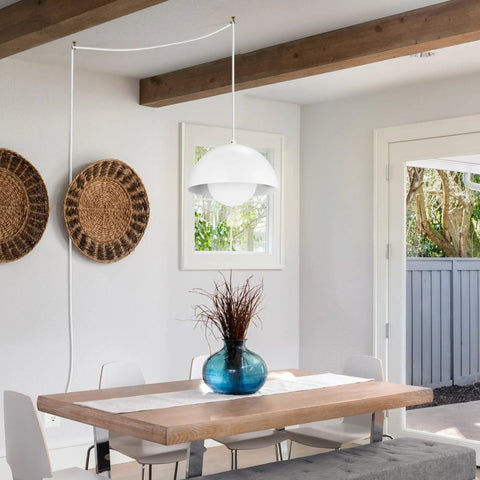 Matte White Plug In Pendant Light With White Glass Shade 15 Foot Cord Easy To Install For Bedroom Living Room Kitchen Island Sleek Modern Glam Vibe Ambience Durable And Safe Home Lighting Solution Bulb Not Included