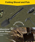 Foldable black engineer shovel with a pick and camo pouch, suitable for outdoor use, shown in various positions.