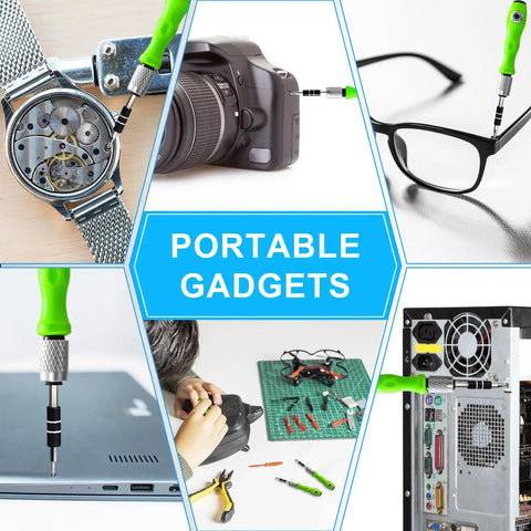 32 In 1 Magnetic Precision Screwdriver Set Tiny Repair Kit shown with watches, glasses, camera, and electronics repairs