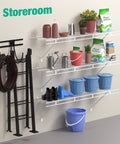 2 Pack Wall Mounted Closet Shelves 4 Foot X 12 Inch Steel Wire Shelving Kit With Rust Resistant Coating For Heavy Duty Storage And Kicking Clutter To The Curb Today For Quick No Fuss Setup in storeroom with colorful storage items.