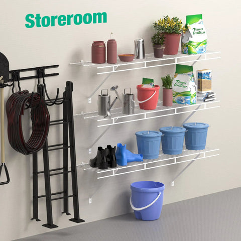 2 Pack Wall Mounted Closet Shelves 4 Foot X 12 Inch Steel Wire Shelving Kit With Rust Resistant Coating For Heavy Duty Storage And Kicking Clutter To The Curb Today For Quick No Fuss Setup in storeroom with colorful storage items.