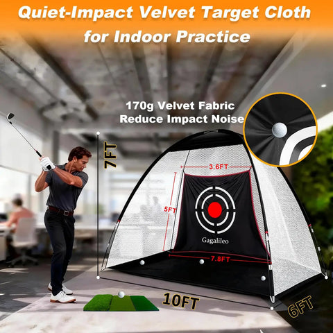 Portable Golf Hitting Net 10x7ft With Durable Fiberglass Frame And Silent Target in indoor office setting