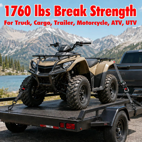 Heavy Duty 2 Pack Retractable Ratchet Straps 1 Inch X 10.5 Feet 1760 Lb Break Strength securing an ATV on a trailer outdoors.