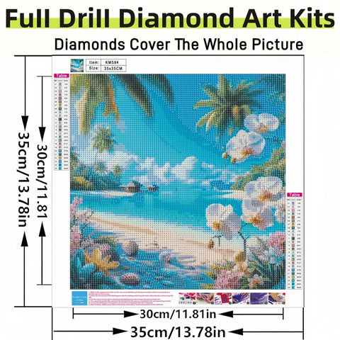 Tropical Beach Diamond Painting Kit For Adults 5D Full Drill Diamond Art For Beginners DIY Fun Gem Painting Dot Art Summer Ocean Orchid Scene Easy Home Wall Decor 13.78x13.78 Inch kit showing ocean view with orchids.