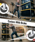 Premium Stem Casters Set Of 4 With Locking Brake showing a user maneuvering a shelving unit with non-marking swivel wheels.