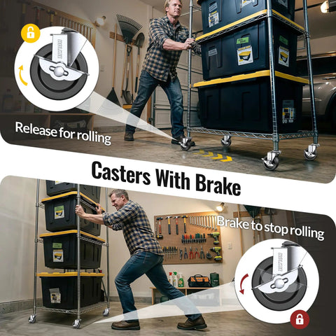 Premium Stem Casters Set Of 4 With Locking Brake showing a user maneuvering a shelving unit with non-marking swivel wheels.