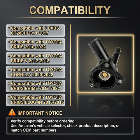 Top Tier Coolant Thermostat Housing Assembly Bolt On Fit Precision Machined detail showing compatibility with various Lexus Toyota models.