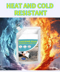 Caulking glue waterproof coating packet labeled as heat and cold resistant, against fire and ice background.