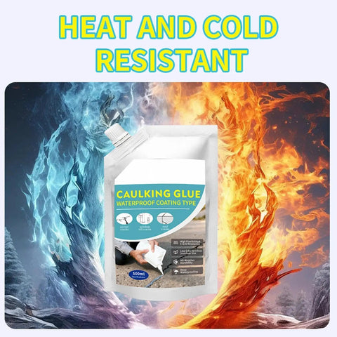 Caulking glue waterproof coating packet labeled as heat and cold resistant, against fire and ice background.