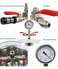 BACOENG 2-quart stainless vacuum degassing chamber kit with red lever valves and gauge, installed.