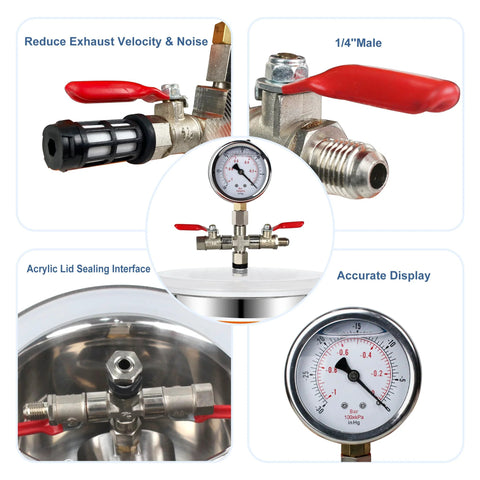 BACOENG 2-quart stainless vacuum degassing chamber kit with red lever valves and gauge, installed.