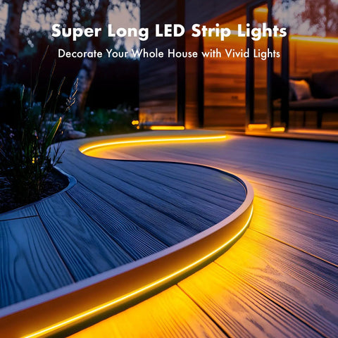 Neon Rope Lights 50Ft RGB LED Strip IP67 Waterproof DIY Design Friendly Music Sync 44 Key Remote Multiple Modes glowing outdoors