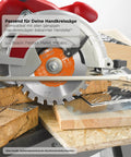 Premium 200 mm Carbide Tipped Circular Saw Blade With Sixty Four Fine Teeth on a circular saw, cutting through wood panels.
