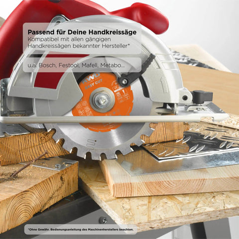 Premium 200 mm Carbide Tipped Circular Saw Blade With Sixty Four Fine Teeth on a circular saw, cutting through wood panels.