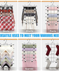 Three Pack Closet Organizers With Six Tier Pants Hangers With Clips For Space Saving Wardrobe Organization, Home And Dorm Room Essentials For Girls And Guys, Keeps Skirts And Jeans Wrinkle Free And Neatly Hung displayed with various clothing items