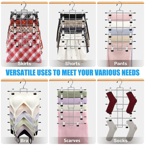 Three Pack Closet Organizers With Six Tier Pants Hangers With Clips For Space Saving Wardrobe Organization, Home And Dorm Room Essentials For Girls And Guys, Keeps Skirts And Jeans Wrinkle Free And Neatly Hung displayed with various clothing items