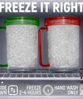 Grab This Pack Of Four 16 Oz Freezer Beer Mugs With Bright Color Coded Handles Shatter Resistant Acrylic Frosty Insulated Barware For Poolside Chilling Backyard Cookouts And Game Day Vibes displayed in freezer.