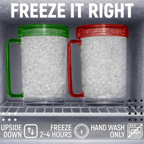 Grab This Pack Of Four 16 Oz Freezer Beer Mugs With Bright Color Coded Handles Shatter Resistant Acrylic Frosty Insulated Barware For Poolside Chilling Backyard Cookouts And Game Day Vibes displayed in freezer.