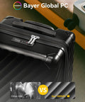 Close-up of black underseat carry-on luggage with spinner wheels, polycarbonate hard shell, 17.5x12x8 inches, airline approved.