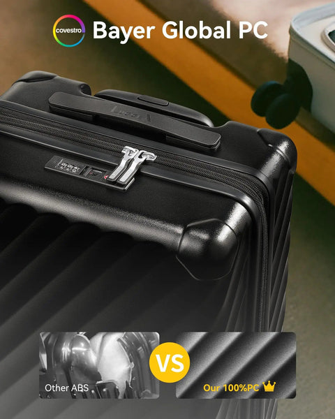 Close-up of black underseat carry-on luggage with spinner wheels, polycarbonate hard shell, 17.5x12x8 inches, airline approved.