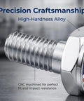 Road Ready 4 Piece American Flag Decorative License Plate Bolt Kit Featuring Theft Resistant Hex Nuts And Multi Size Screws For Cars Trucks Motorcycles Straight Up Secure Silver Alloys Set close-up of CNC machined bolt with flag design.