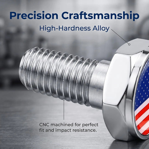 Road Ready 4 Piece American Flag Decorative License Plate Bolt Kit Featuring Theft Resistant Hex Nuts And Multi Size Screws For Cars Trucks Motorcycles Straight Up Secure Silver Alloys Set close-up of CNC machined bolt with flag design.