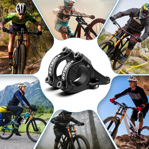 Collage of riders featuring Direct Mount Bar Clamp MTB Stem for 31.8mm bars, lightweight, adjustable reach, dual crown compatible.