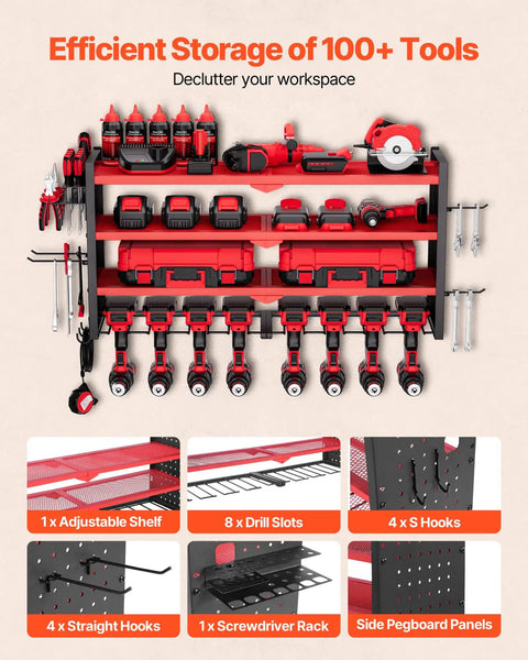 Power Tool Organizer Wall Mount 4 Layer Storage Rack With 8 Drill Holders Side Pegboards And Tool Hooks for efficient tool storage