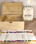 Baby Shower Games Sign Kit With 60 Wooden Blocks And 36 Colored Markers, Includes A Wooden Storage Box, Perfect For Decor, Guest Activities, And Fun Gift Ideas. Open wooden box with blocks, markers, and baby sign