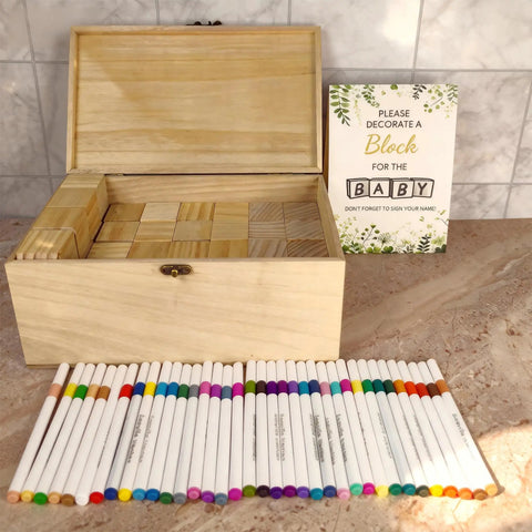 Baby Shower Games Sign Kit With 60 Wooden Blocks And 36 Colored Markers, Includes A Wooden Storage Box, Perfect For Decor, Guest Activities, And Fun Gift Ideas. Open wooden box with blocks, markers, and baby sign