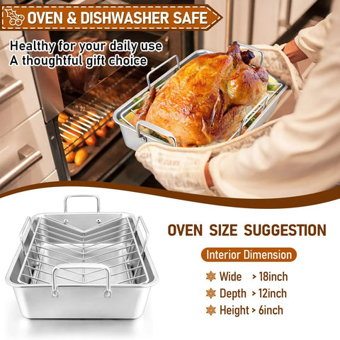 Heavy Duty Stainless Steel Roasting Pan With V Rack For Turkey And Chicken in use, showing turkey being placed in oven
