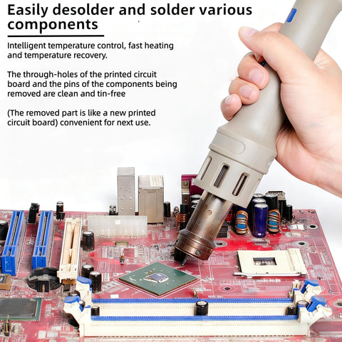 Beefy 1000W Digital Hot Air Rework Station in use, desoldering BGA on motherboard with temperature control and LCD display.