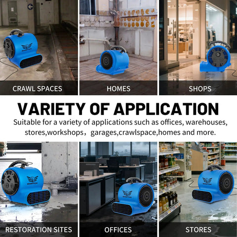 Beast Heavy Duty Industrial Air Mover Blower Fan One Third HP 1200 CFM in various applications including homes and shops.