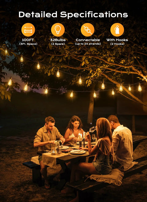 Friends dining under 100 Foot Outdoor String Lights ST38 Shatterproof LED Bulbs Dimmable And Waterproof Connectable Up To 24 Strands