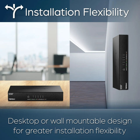 5 Port Unmanaged 2.5G Switch For Gaming, Plug-And-Play, desktop and wall-mountable design options shown, black color
